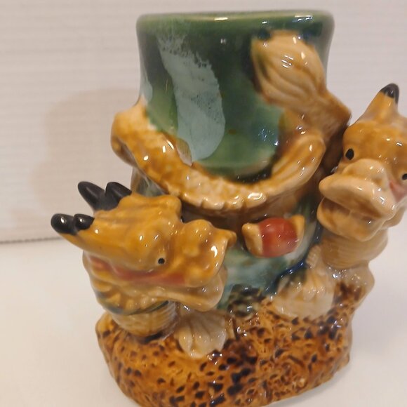 Vintage Majolica Style Planter/vase With Foo Dogs 6” Tall 3” Diameter - Picture 2 of 5